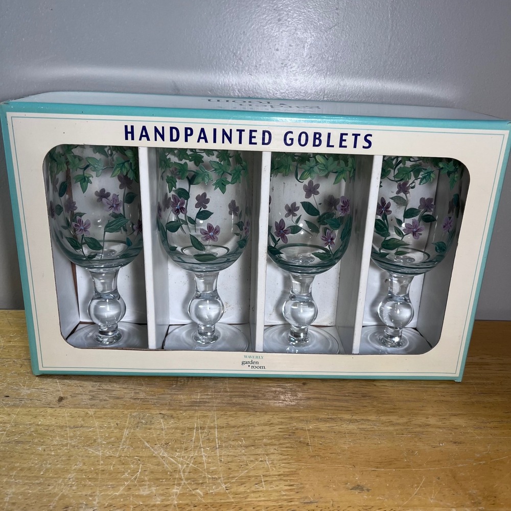 Waverly Garden Room Sweet Violets Goblets Set of 4 Purple Vtg Floral Glass